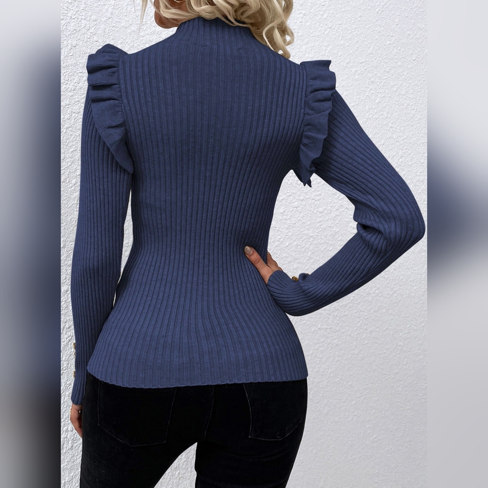 Ruffle Trim Button Detail Rib Knit Sweater - Picture 2 of 5